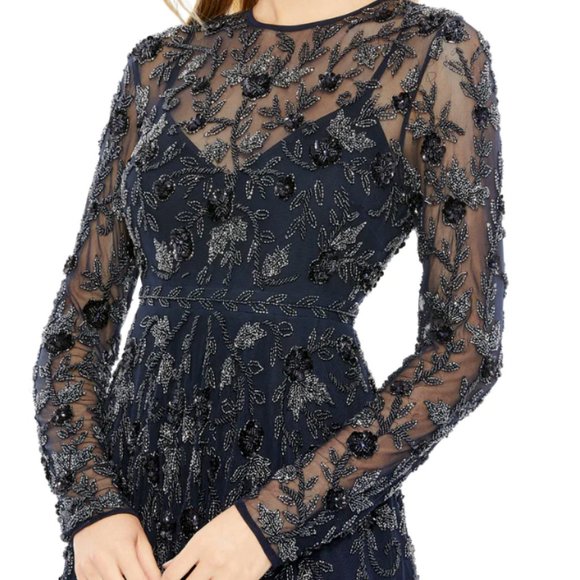 MAC DUGGAL 10799 BEADED ILLUSIONS HIGH NECK LONG SLEEVE A-LINE NAVY DRESS sz 16 - Picture 4 of 5